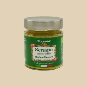 Vasetto da 130g di senape biologica Biobontà con etichetta verde, scritta “sapore morbido”, tappo argentato e bandiera italiana.