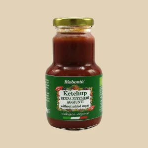 Vasetto da 250g di ketchup biologico Biobontà senza zuccheri aggiunti, etichetta verde con scritte in bianco e rosso, tappo in metallo dorato, adatto a diete senza glutine e senza lattosio.