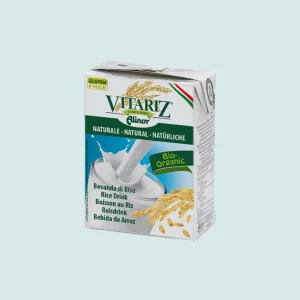 Brick da 200 ml di bevanda di riso naturale biologica Vitariz, confezione mini Tetra Pak con bicchiere di latte di riso e chicchi di riso in evidenza sul fronte.