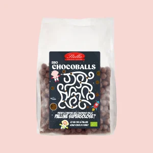 Confezione di cereali BIO Chocoballs Stella a forma di palline al cioccolato, con packaging spaziale e messaggi per bambini, fonte di fibre.