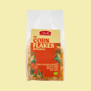 Confezione di corn flakes integrali biologici Stella da 220g, senza zuccheri aggiunti, 100% mais, ricchi di fibre e senza glutine.