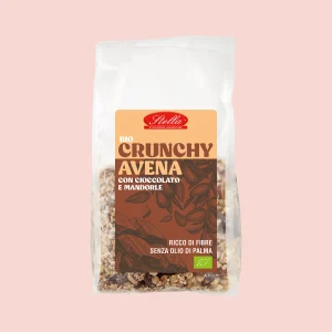 Confezione da 375g di Crunchy Avena biologico Stella con cioccolato e mandorle, ricco di fibre e senza olio di palma.
