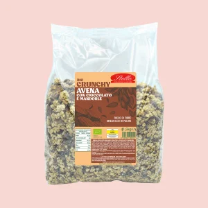 Confezione da 1,5kg di Crunchy Avena biologico Stella con cioccolato e mandorle, ricco di fibre e senza olio di palma.