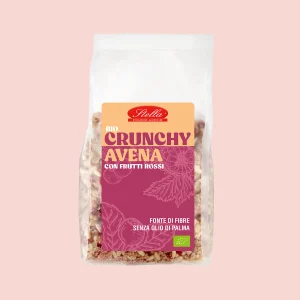 Confezione da 375g di Crunchy Avena biologico Stella con frutti rossi, ricco di fibre, senza olio di palma, ideale per la colazione.