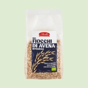 Confezione di fiocchi di avena integrali biologici Stella, fonte di proteine, ricchi di fibre e con beta-glucani.