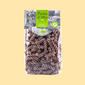 Confezione da 250g di fusilli Pasta d’Alba al grano saraceno biologico, senza glutine, in busta trasparente con etichetta verde.