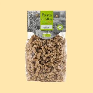 Confezione da 250g di fusilli Pasta d’Alba al riso integrale biologico, senza glutine, in busta trasparente con etichetta verde.