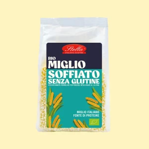 Confezione di miglio soffiato biologico Stella, senza glutine, prodotto in Italia, fonte naturale di proteine.