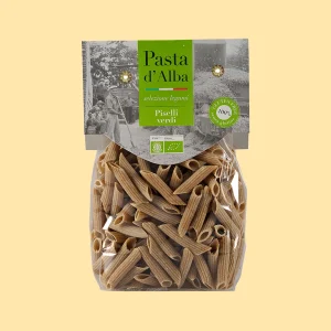 Confezione da 250g di penne biologiche Pasta d’Alba a base di piselli verdi, in busta trasparente con etichetta verde.