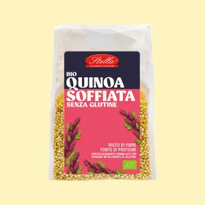 Confezione di quinoa soffiata biologica Stella, senza glutine, ricca di fibre e fonte di proteine, ideale per chi è intollerante al glutine.