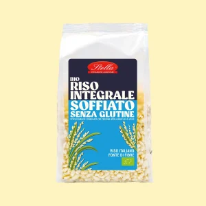 Confezione di riso integrale soffiato biologico Stella, senza glutine, fonte di fibre, prodotto con riso italiano.