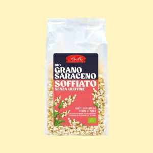 Confezione di grano saraceno soffiato biologico Stella, senza glutine, fonte di fibre e proteine, ideale per una colazione sana e naturale.