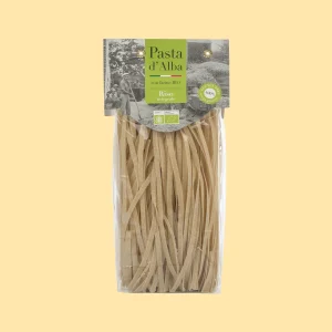 Confezione da 250g di tagliatelle Pasta d’Alba biologiche a base di farina di riso integrale, in busta trasparente con etichetta verde.