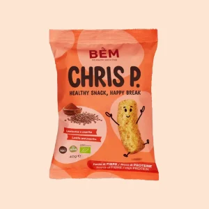 Confezione frontale dello snack BEM Chris P. alle lenticchie e paprika da 40g, con grafica illustrata dell’ingrediente e mascotte sorridente.