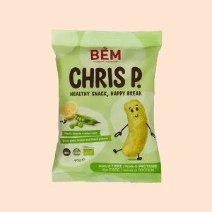 Confezione frontale dello snack BEM Chris P. ai piselli, limone e pepe nero da 40g, con disegno animato e ingredienti illustrati.