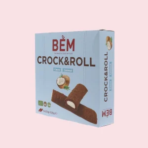 Confezione multipack di barrette BEM Crock&Roll al cocco, 5 snack biologici, vegan e senza glutine, su sfondo rosa.
