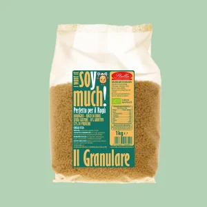 Confezione da 1kg di granulare di soia biologico Stella, ideale per preparare ragù vegetali, ricco di proteine e fibre.