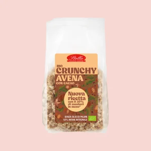 Confezione di Crunchy Avena con Cacao Bio Stella, nuova ricetta con il 35% di zuccheri in meno, senza olio di palma, 52% avena integrale.