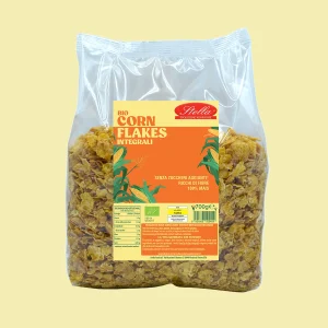 Confezione da 700g di Corn Flakes Integrali biologici Stella Foods, con etichetta arancione e gialla, senza zuccheri aggiunti, ricchi di fibre, a base di 100% mais.