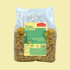 Confezione da 700g di Corn Flakes Bio Stella Foods, cereali senza zuccheri aggiunti e a basso contenuto di grassi.