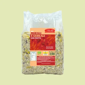 Confezione da 2 kg di muesli biologico ai 5 cereali con frutta Stella Foods, etichetta rossa, mix di cereali e frutta disidratata visibile attraverso il sacchetto trasparente.