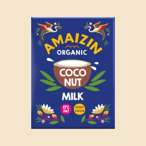 Confezione da 200ml di Amaizin Organic Coconut Milk con grafica colorata: latte di cocco biologico al 17% di grassi, senza gomma di guar.