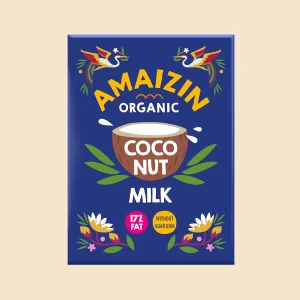 Confezione da 500ml di Amaizin Organic Coconut Milk con grafica colorata: latte di cocco biologico al 17% di grassi, senza gomma di guar.