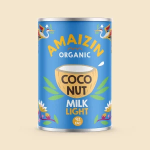Confezione da 200g di Crema di Cocco Bio Amaizin, su sfondo azzurro con illustrazione di noce di cocco e fiori tropicali. Etichetta con scritta "70% Fat" e "100% Coco".