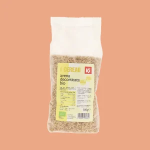 Confezione da 500g di Avena Decorticata Biologica Ki, cereale integrale in chicchi, fonte di fibre e proteine, ideale per zuppe, insalate e ricette salutari.