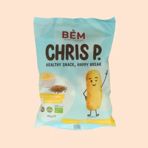 Confezione dello snack Chris P. al gusto formaggio da 40g del brand BEM, prodotto biologico, vegano e ricco di proteine
