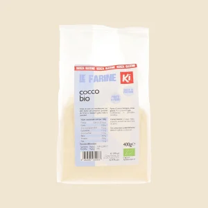 Confezione frontale di Farina di Cocco Bio Ki da 400g, senza glutine, ricca di fibre e proteine.