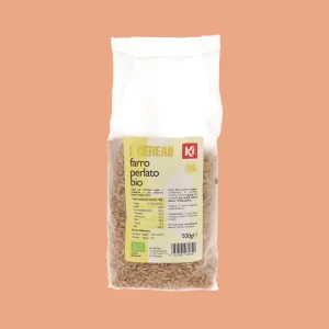 Confezione frontale del Farro Perlato Biologico Ki da 500g in sacchetto trasparente con etichetta gialla.