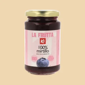 Vasetto di confettura biologica Ki 100% mirtillo da 240g, etichetta frontale con indicazioni bio e senza zuccheri aggiunti.