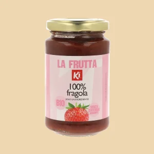 Vaso di confettura biologica KI ai frutti di bosco senza pectina, etichetta frontale rosa con immagine di more, lamponi, fragole e mirtilli, formato 220g