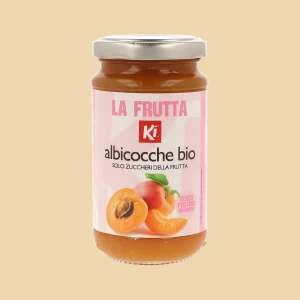 fronte confezione composta di albicocche biologiche Ki senza pectina aggiunta, vasetto da 220g