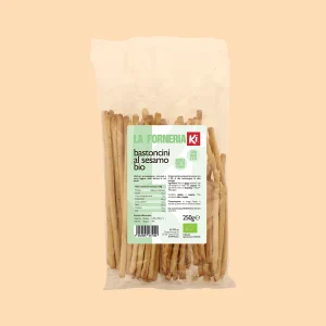 Confezione da 250g di Bastoncini al Sesamo Bio Ki, con olio extravergine di oliva e senza olio di palma.