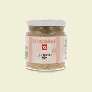 onfezione fronte del Gomasio Bio Ki 140g in vasetto di vetro con etichetta rosa.