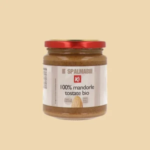 Vasetto di Crema 100% Mandorle Tostate Bio KI da 275g, con etichetta frontale che evidenzia l'assenza di sale aggiunto e l’alto contenuto di proteine.