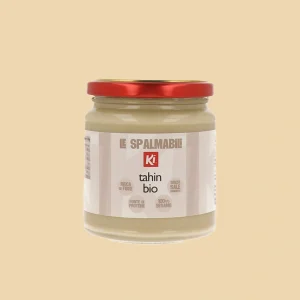 Crema Tahin Bio Ki in vasetto da 275g con etichetta frontale: 100% sesamo, senza sale aggiunto, ricca di fibre e fonte di proteine.