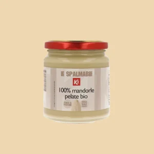 Vasetto di crema 100% mandorle pelate biologiche Ki da 275g, con etichetta frontale che segnala l’assenza di sale aggiunto e l’alto contenuto proteico.