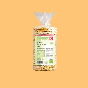 Confezione da 100g di Gallette biologiche di grano saraceno KI, senza glutine, con etichetta visibile che mostra ingredienti, valori nutrizionali, indicazioni d’uso e certificazione bio.