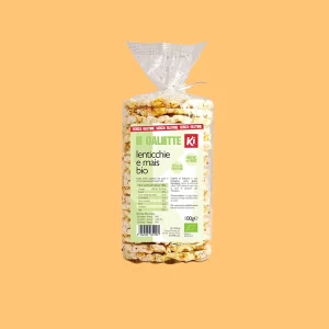 Confezione da 100g di Gallette biologiche KI a base di lenticchie e mais, senza glutine, con etichetta frontale che mostra ingredienti, valori nutrizionali, codice a barre e certificazione biologica.