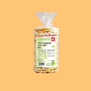 Confezione da 100g di Gallette biologiche di riso integrale con sale KI, senza glutine, con etichetta che evidenzia ingredienti, valori nutrizionali, indicazioni d’uso e certificazione biologica.