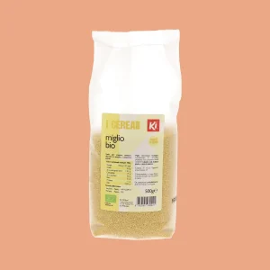 Confezione frontale di Miglio Bio KI da 500g in sacchetto trasparente con etichetta gialla.