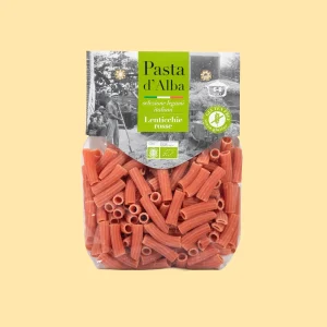 onfezione di maccheroni di lenticchie rosse biologici Pasta d’Alba, pasta senza glutine a base di legumi