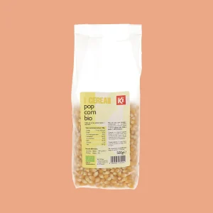 Confezione frontale di Pop Corn Bio Ki da 500g, chicchi di mais per popcorn biologici.