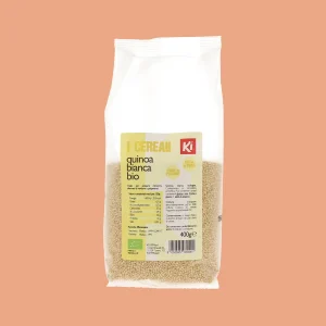 Confezione frontale di Quinoa Bianca Bio Ki 400g, ricca di fibre e proteine, in sacchetto trasparente con etichetta gialla