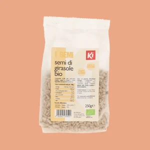 Confezione da 250g di semi di girasole biologici decorticati del marchio KI, con etichetta chiara, valori nutrizionali e certificazione biologica ben visibili.
