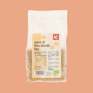 Confezione da 250g di semi di lino dorati biologici KI, etichetta con informazioni nutrizionali, istruzioni d’uso e certificazione biologica visibili sul fronte.