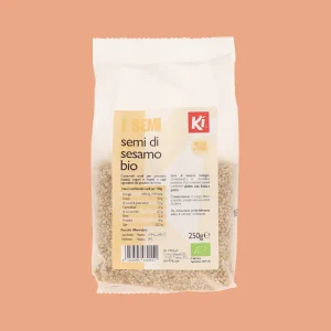 Confezione da 250g di semi di sesamo biologici KI, etichetta frontale con valori nutrizionali, certificazione bio e indicazioni d’uso visibili.